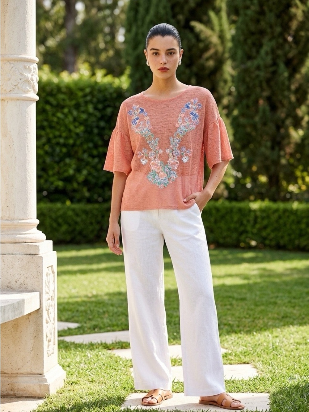 Zara Coral Floral Screen Flutter Sleeve Tee